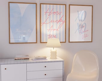 How Lucky are we Light Blue Pink Set of 3 Prints | Wall Art Heart Stripe Poster | Dorm Aesthetic Preppy Coquette Art | Digital Download Set