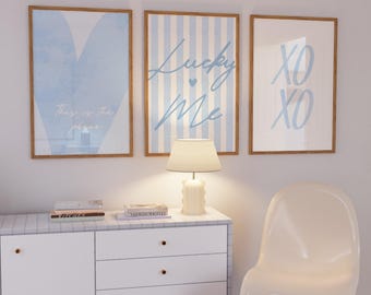 Set of 3 Lucky Me Blue Preppy Stripe Dorm Wall Art (Digital Download Prints)