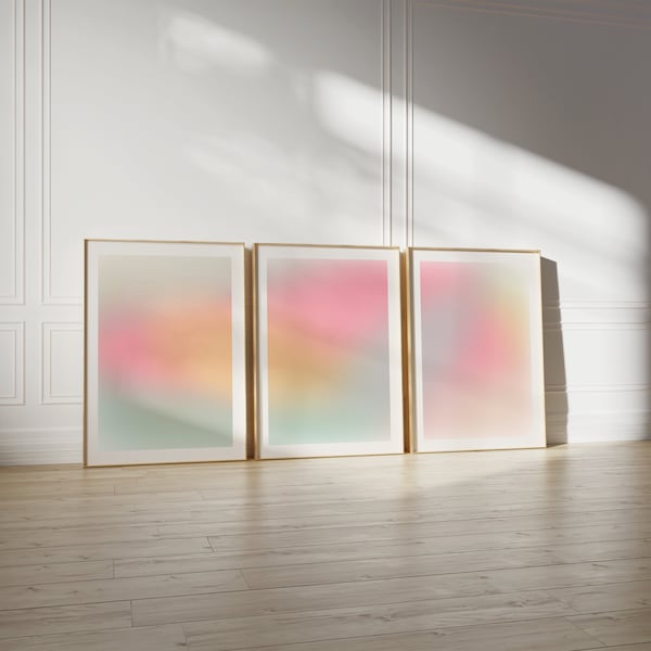 Set of 3 Soft Pastel Gradient Aura Wall Art Gallery Posters, Dorm room Coquette Pastel Sea Glass Gradient Set of 3 Prints