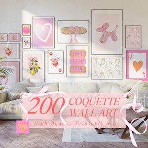 200 Coquette Pink Preppy Wall Art MEGA Bundle, Pink Aesthetic Gradient Cute Girl Wall Art Printable Set, Dorm Room Apartment Trendy Posters