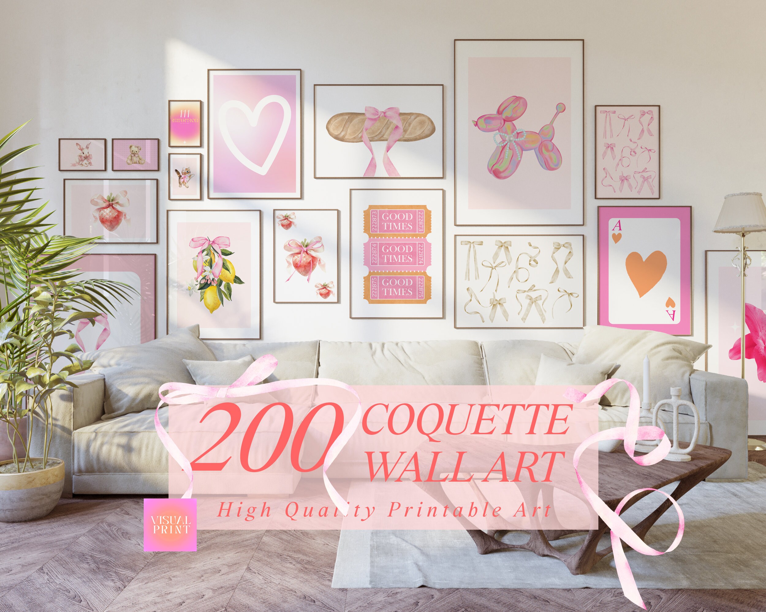 200 Coquette Pink Preppy Wall Art MEGA Bundle, Pink Aesthetic Gradient Cute Girl Wall Art Printable Set, Dorm Room Apartment Trendy Posters