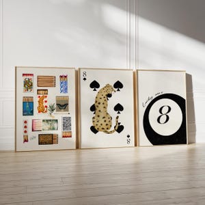 Set of 3 Vintage Retro Matchbox Leopard Prints, Leopard Playing Card Print Posters, Lucky 8 Ball Trendy Aesthetic Print Set