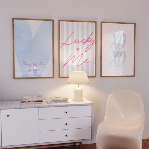 Lucky Me Light Blue Pink Set of 3 Prints | Wall Art Heart Luck you Poster | Dorm Aesthetic Preppy Coquette Art | Digital Download Set