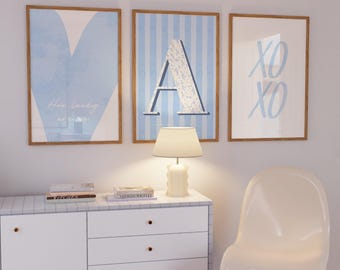 Custom Initial Name Dorm Coquette Floral Stripe Aesthetic Wall Art Set (DIGITAL DOWNLOAD)