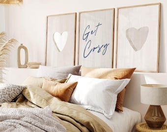 Set of 3 Beige Stripe Heart Navy Get Cosy Prints Boho Wall Art (Digital Download)
