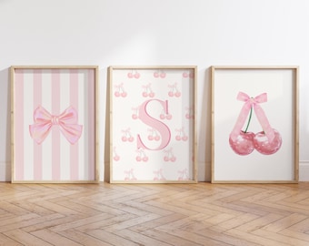 Set of 3 Coquette Custom Initial Stripe Bows Cherry Wall Art (Digital Download)