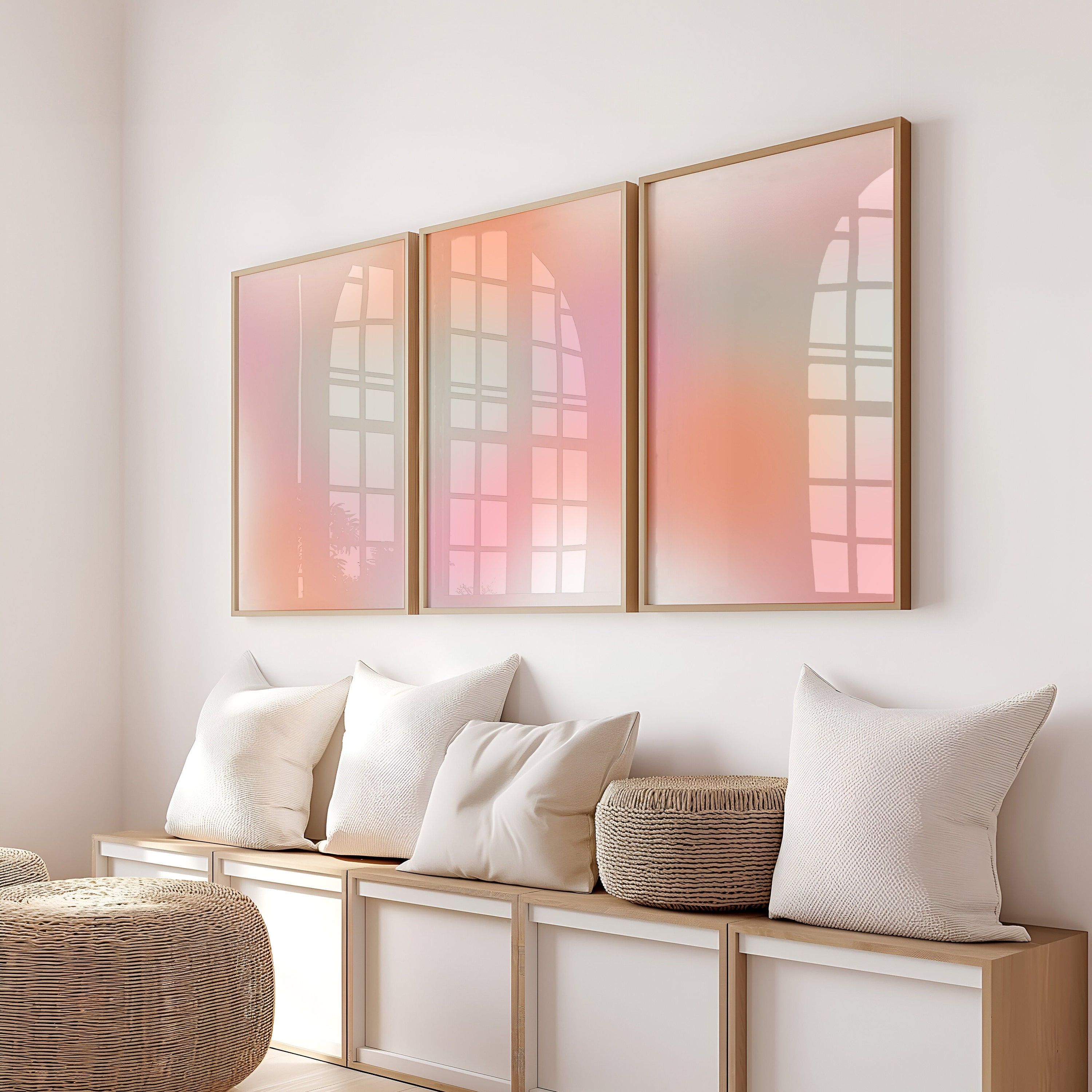 3-Piece Pink Orange Gradient Art Canvas Prints - Coquette Style Posters With Wooden Frame, Room Decor
