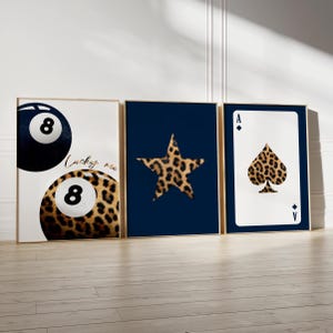 Set of 3 Leopard Navy Aesthetic Star Lucky 8 Ball Print Set, Dorm Cheetah Leopard Animal Print Star Navy Retro Wall Art Digital Download