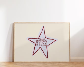 Horizontal Star hand-drawn Quote Wall Art, Neutral Blue Red Eclectic Boho Home Print (Digital Download)