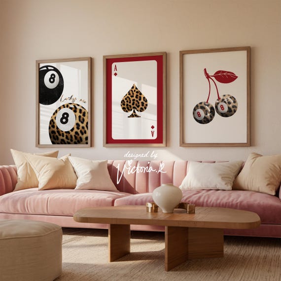 Leopard Red Set of 3 Trendy Aesthetic Wall Art Bundle, Lucky 8