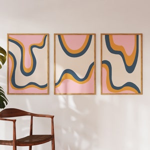 Juego de 3 impresiones artísticas de pared con degradado de azul ahumado y rosa intenso abstracto de los años 70, impresiones artísticas de pared imprimibles de verano, impresiones abstractas de estilo boho