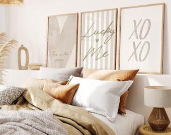 Set of 3 Lucky Me Beige Sage Green Stripe Wall Art (Unframed Prints)