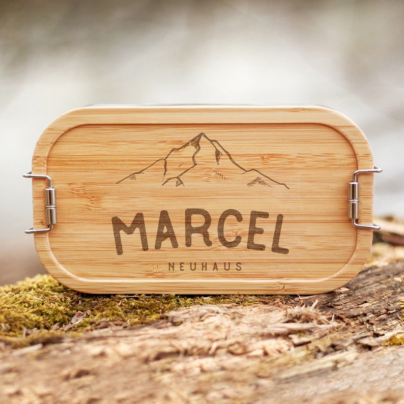 Lunchbox with bamboo lid Mountains with name - Zero Waste Lunchbox with bamboo lid Mountains with name - Zero Waste