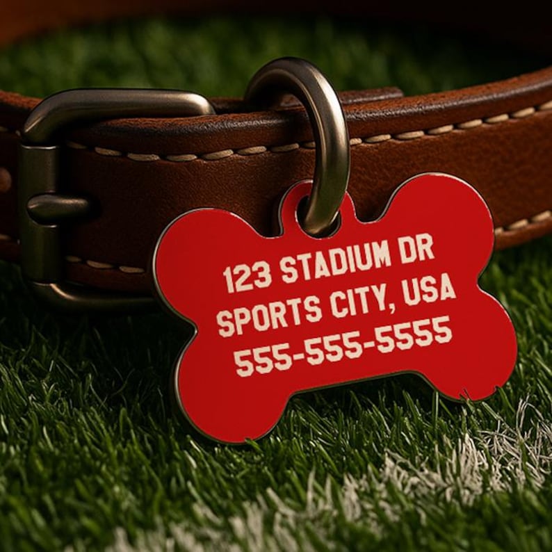 K&ouml;nnte beinhalten: Ein rotes, knochenf&ouml;rmiges Haustier-ID-Schild mit wei&szlig;em Text, befestigt an einem braunen Lederhalsband. Das Schild zeigt die Adresse "123 STADIUM DR SPORTS CITY, USA" und eine Telefonnummer. Das Halsband liegt auf einer gr&uuml;nen Oberfl&auml;che.