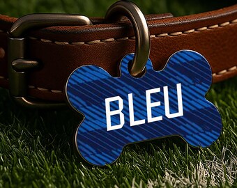 Placa de identificación personalizada para perros del día del partido de Francia – Identificación de mascotas de fútbol azul y blanco, doble cara, fútbol