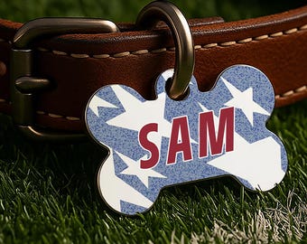 Placa de identificación personalizada para perros de fútbol americano de Estados Unidos – Rojo, blanco y azul, de mezclilla, doble cara, para mascotas.