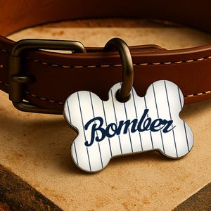 May include: A bone-shaped pet tag with the name "Bomber" in navy script. The tag has a white background with navy blue vertical stripes, resembling a baseball uniform. It hangs from a brown leather dog collar with a metal clasp.