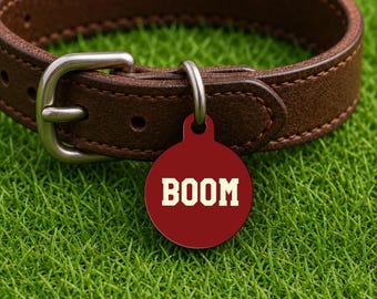 Placa de identificación personalizada para collar de perro – Estilo Norman Game Day, placa roja edición Campus (redonda)