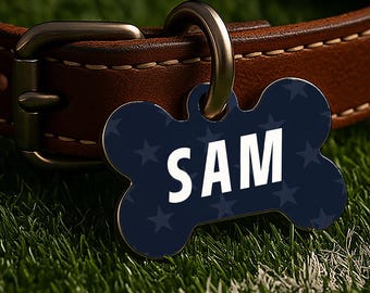 Placa de identificación personalizada para perros de fútbol americano de Estados Unidos – Azul y blanco, doble cara, para mascotas.