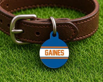 Placa de identificación personalizada para collar de perro – Estilo Gainesville Game Day, placa azul edición Campus (redonda)