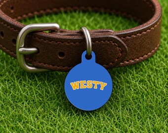 Placa de identificación personalizada para collar de perro – Estilo Los Ángeles para días de partido, placa azul y dorada edición Campus (redonda)