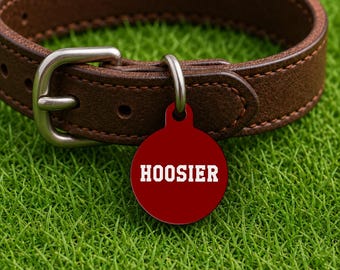 Placa de identificación personalizada para collar de perro – Estilo Bloomington Game Day, Edición Campus Roja, Placa de identificación para mascotas de doble cara (redonda)
