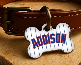 Custom Dog Collar Tag – Chicago Game Day Style, North Side Pinstripe Diamond Edition, Double Sided Pet Tag