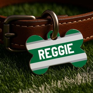 Könnte beinhalten: Ein personalisierter Hundemarkenanhänger in Knochenform mit dem Namen "REGGIE" in weißen Buchstaben auf grünem Grund mit weißen und grauen Streifen. Der Anhänger ist an einem braunen Lederhalsband befestigt.