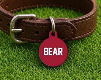 Placa de identificación personalizada para collar de perro – Estilo Tuscaloosa Game Day, placa roja edición Campus (redonda)