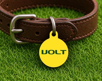 Placa de identificación personalizada para collar de perro – Estilo Eugene Game Day, edición amarilla Campus, placa redonda de doble cara para mascotas.