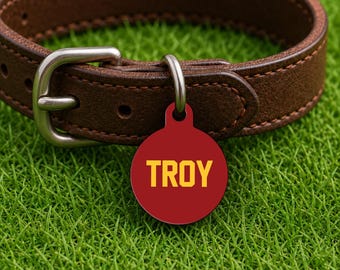 Placa de identificación personalizada para collar de perro – Estilo Los Ángeles para días de partido, placa roja y dorada edición Campus (redonda)