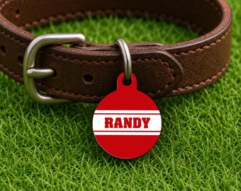 Placa de identificación personalizada para collar de perro – Estilo Madison Game Day, placa roja edición Campus (redonda)