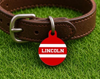 Placa de identificación personalizada para collar de perro – Estilo Lincoln Game Day, Edición Campus Roja, Placa de identificación para mascotas de doble cara (redonda)
