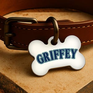 Può includere: Un'etichetta per cani a forma di osso bianca con il nome "GRIFFEY" in lettere blu. L'etichetta è appesa a un collare per cani in pelle marrone con una fibbia in metallo. Lo sfondo è una superficie strutturata e neutra.