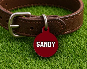 Placa de identificación personalizada para collar de perro – Estilo Columbia Game Day, placa roja edición Campus (redonda)