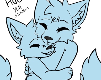 May include: A light blue illustration of two cartoon foxes embracing. The larger fox is hugging the smaller fox. The word "HUG" is written in black script at the top left. The text "YCH" and "@Trindsess" are also present.