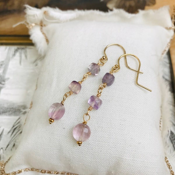 Boucles d'oreilles pendantes Fluorite rose et gold filled 14KT