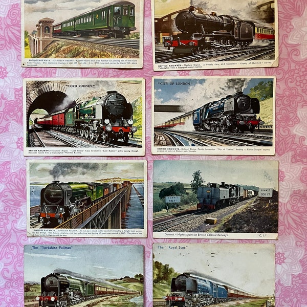 8 X vintage British Railways Locomotive Trains années 1950 Valentine Cartes postales Rail