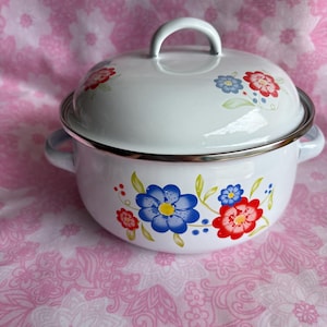 May include: White enamel pot with lid. The pot has a floral design with red, blue, and yellow flowers. It has a silver rim and handles. The lid has a white handle. The pot is on a pink floral patterned surface.