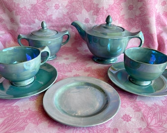 Clews & Co Pottery Tea Set blue lustre Chameleon Ware 1930s pretty teapot cup saucer milk jug sugar bowl