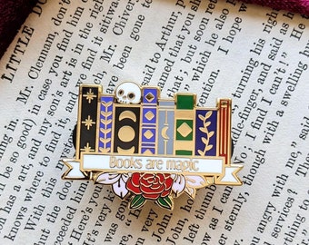 Books are Magic with Skull Hard Enamel Pin / Gold plated bookish pin, book lover, gift for readers, book pile book pin, stocking filler.