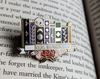 Books are Magic with Skull Hard Enamel Pin / Gold plated bookish pin, book lover, gift for readers, book pile book pin, stocking filler.