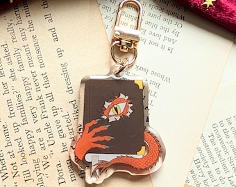 Porte-clés livre oeil de dragon – breloque fantaisie en acrylique | Porte-clés Grimoire | Cadeau livresques pour les lecteurs, D&D, fans de fantasy