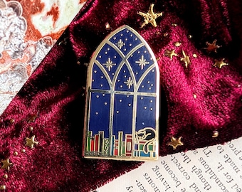 Library Window Hard Enamel Pin / Gold plated bookish pin, book lover, gift for readers, book pile book pin, stocking filler, TBR pile