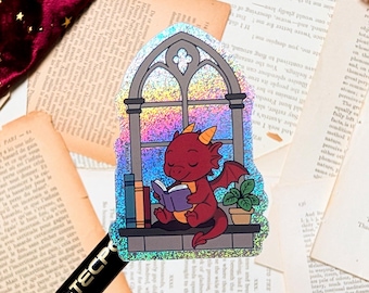 Book Dragon Glitter Vinyl Sticker | Reading Fantasy gift