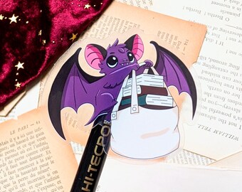 Sticker en vinyle transparent chauve-souris mignonne | Sticker livres fantasmagoriques | Chauve-souris d'Halloween avec des livres