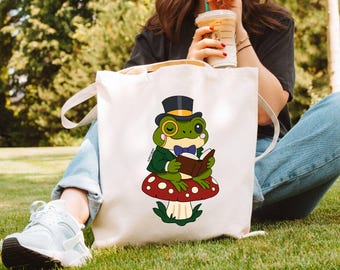 Fourre-tout en toile douce grenouille - Sac champignon livresque, cadeau pour les amateurs de livres.