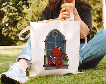 Fourre-tout confortable en toile Dragon Reader - Sac de lecture dans le coin de la fenêtre, cadeau pour les amateurs de lecture.