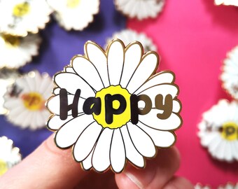 Happy Daisy Enamel Pin// Floral lapel pin,Plant lovers gift, Brooch, Positivity gift, Botanical themed gift ideas, Stocking filler