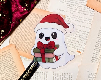 transparent fantôme de Noël | Bu livres avec bonnet de Noel | Autocollant festif en vinyle pour ordinateurs portables, journaux et bouteilles d'eau | Amateur de livres